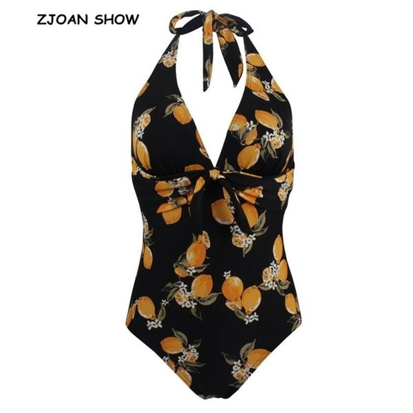

bow bandage halter v collar tide fruits print one piece swimwear women retro backless slim fit swimsuit black 210429, Black;white