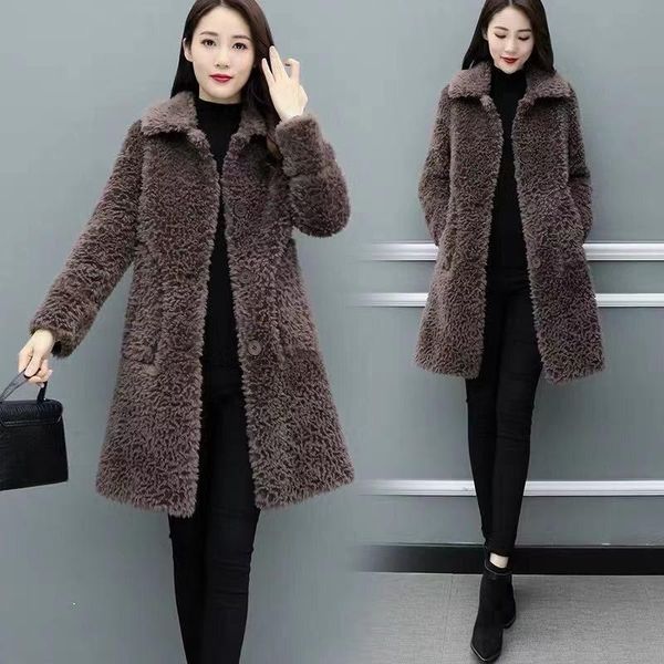 

women's fur & faux women 2021 winter warm soft loose real wool jacket outwears female casual single breasted sheep shearing overcoats z, Black