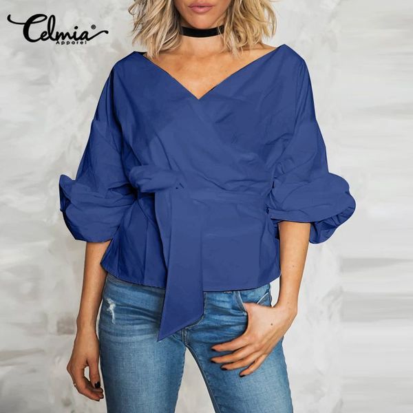 

blouses women 2021 fashion v neck puff sleeve blouses celmia elegant solid color wrap spring casual loose belted tunic plus size, White
