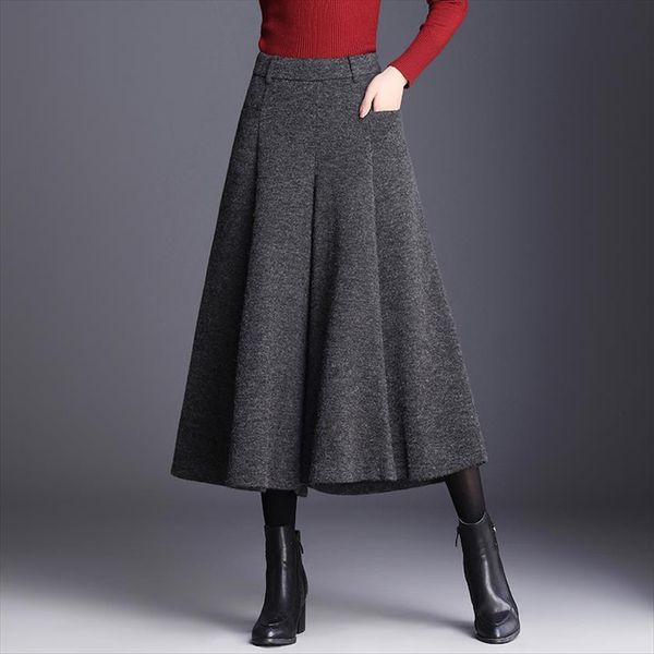 

black gray wide leg women pants autumn winter woolen flavor trousers high waist culottes 667a, Black;white