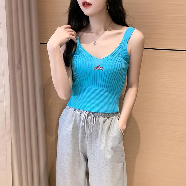 

women embroidery knit sling vest girl small women's t-shirt, White