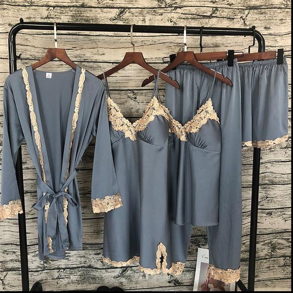 

5 pieces suit lace women sleepwear silk satin pyjamas pajamas set autumn long sleeve night home wear winter homewear, Black;red