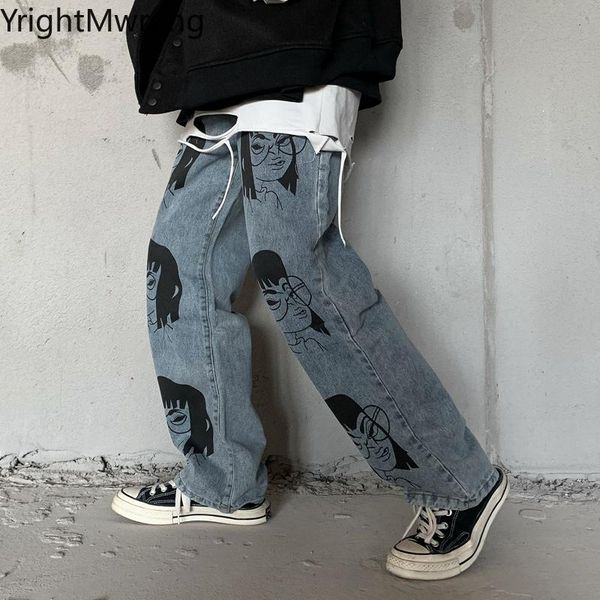 

women's pants & capris woman man loose straight dark cartoon girl print long pant denim jeans plus size harajuku streetwear korean fash, Black;white