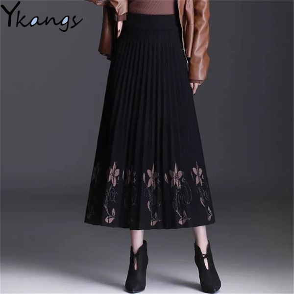 

floral knitted long pleated female women's maxi skirts clothes spring winter thicken warm autumn vintage high-waisted 211112, Black