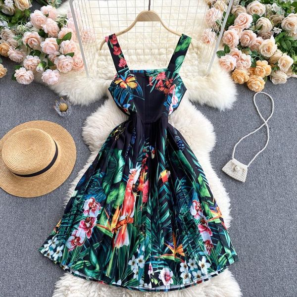 

spring fashion sling women dresses square collar seaside holiday tropical print off shoulder knee length dress d0128, Black;gray