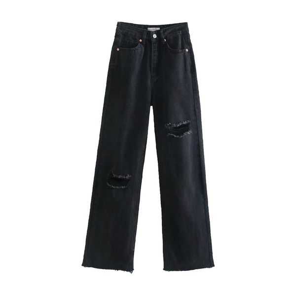

women's jeans casual fashion versatile and fine for women, black retro jeans, high waist, torn, broad legs, spring, z1fn, Blue