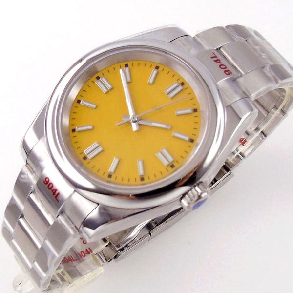 

wristwatches 39mm yellow japan miyota 8215 luminius index selfwinding men watch polished bezel transparentÂ brushed oyster band hand, Slivery;brown
