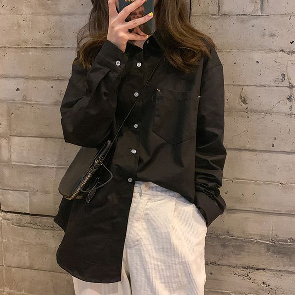

2 colors spring autumn solid color shirt vintage long sleeve blouses loose black white womens tops and blouse 2021 (F3909)