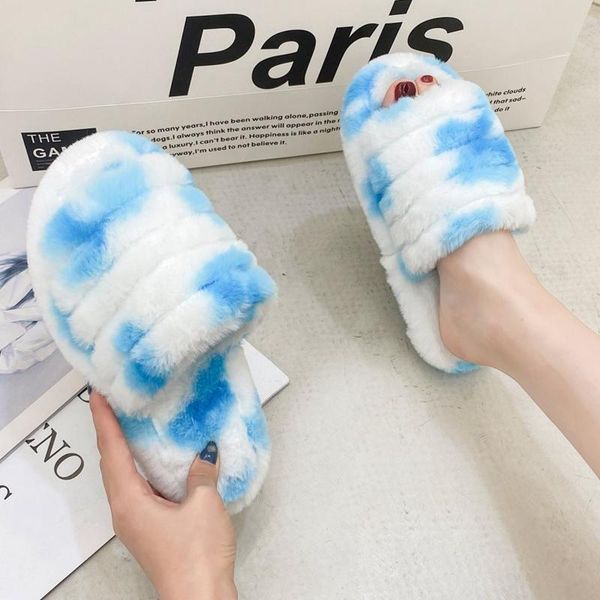 

slippers women warm plush flats open toe sky blue winter indoor short fur slipper fashion casual home cotton thermal shoes, Black
