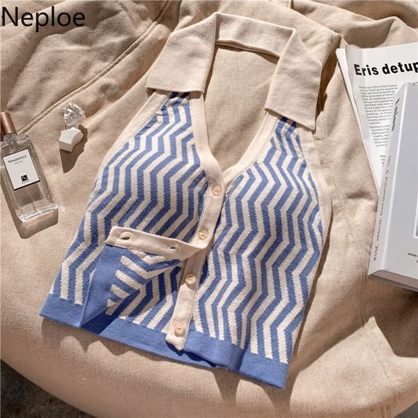 

neploe sweater vest elegant sleeveless backless knit crop women patchwork striped turn down collar slim outfits tank 210422, White