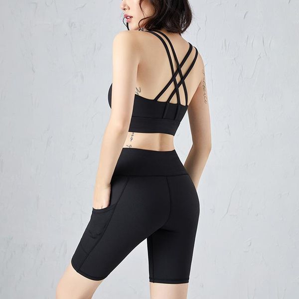 

yoga outfit spring/summer sports kit women's cross shoulder strap bra pocket pants two-piece set