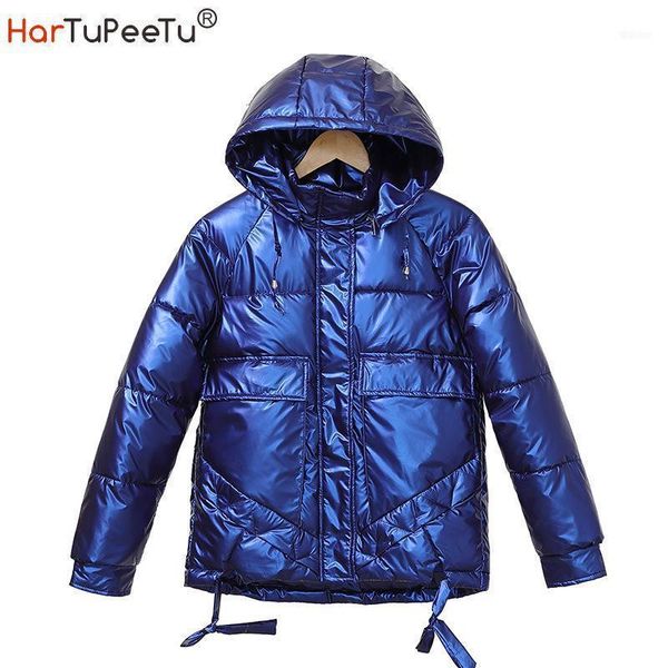 

women's down & parkas cool glossy blue jacket women 2021 winter hooded cotton padded coat long sleeve korean style plus size 2xl pocket, Black