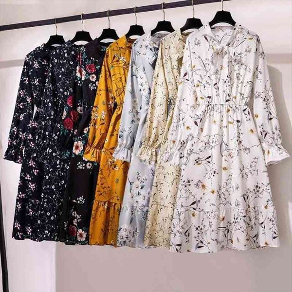 

women summer dress lady korean style casual vintage floral printed chiffon shirt dress long sleeve bow summer vestido, Black;gray