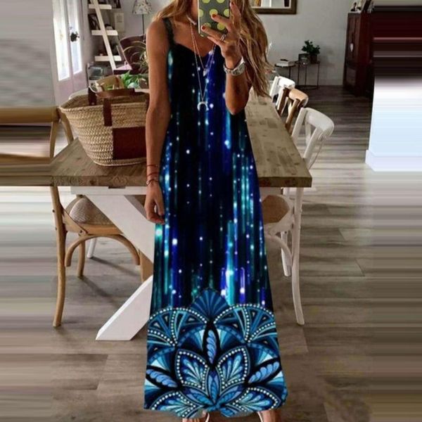 

casual dresses fashion luminous print maxi dress women summer boho loose spaghetti strap sleeveless vest party long vestidos robe, Black;gray