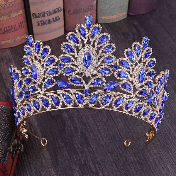Modedesign Barock Exquisite Gold Blau Rot Kristall Tiara und Krone Frauen Braut Braut Hochzeit Haarschmuck Zubehör