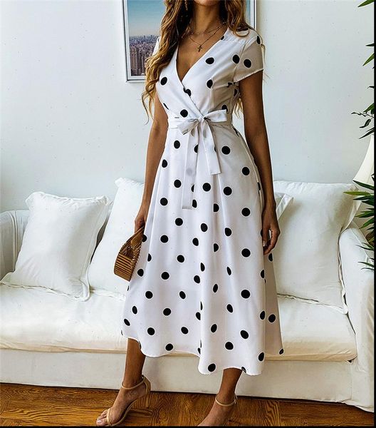 

polka dot midi boho evening women dresses party summer beach casual long sundress v neck, Black;gray