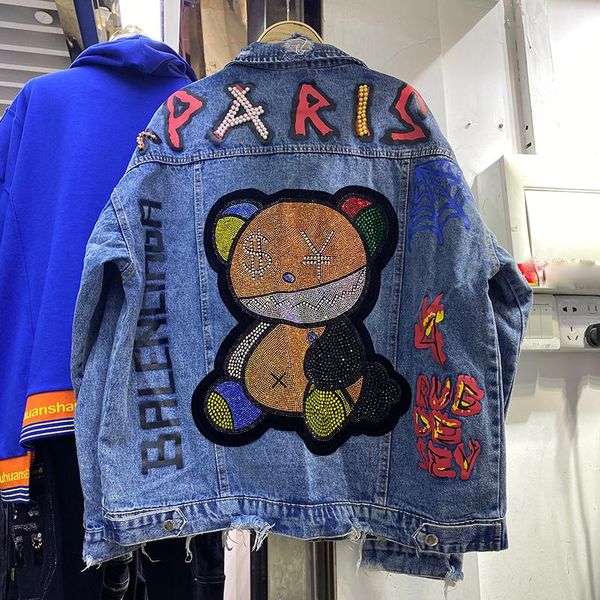 

women denim jacket female ins heavy industry diamond beaded harajuku bf wind loose student women's jackets, Black;brown