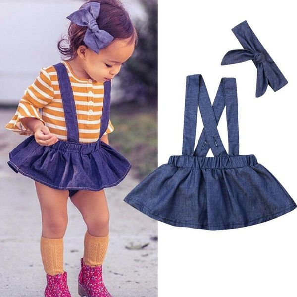 

born baby denim skirt fashion solid ruffle bib tutu bow headband outdoor infant girl clothes skirts, Blue