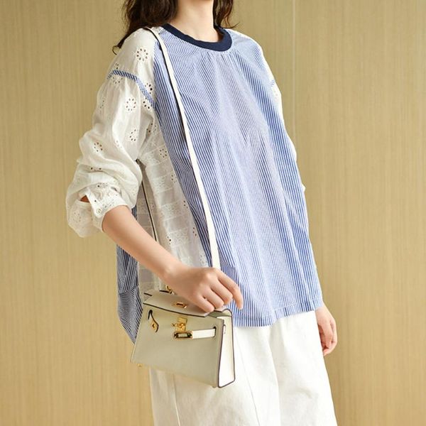 

women's blouses & shirts blouse women stripe vintage fashion hollow out o neck korean long sleeves autumn 2021 casual pullover loose fe, White
