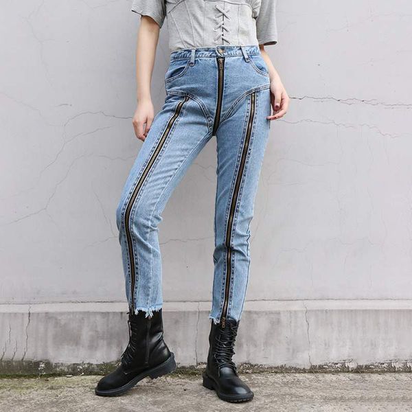 

jeans casual split jeans for women high waist patchwork zipper irregular hem streetwear denim pants female fashion, Blue