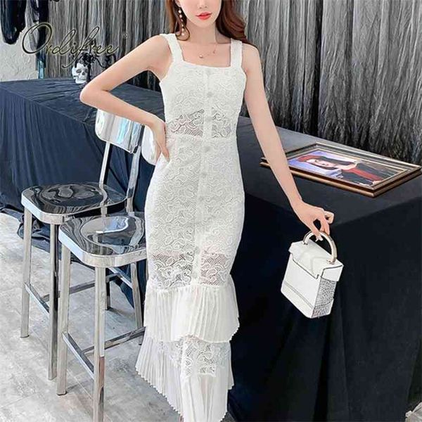 

summer women long party dress spaghetti strap white lace ruffle maxi 210513, Black;gray