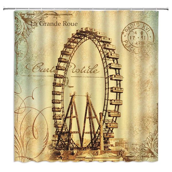 

farm shower curtain vintage old newspaper building waterwheel farm flower postmark text pattern,70x70 inch polyester fabric