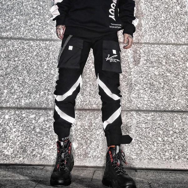 

streetwear men's sports pants reflective technology clothing jogger tactical functional overalls gothic punk ribbon, Black