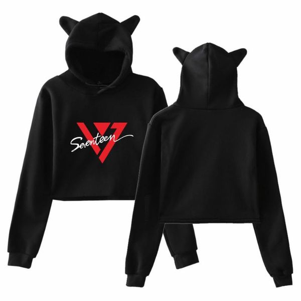 

women's hoodies & sweatshirts seventeen harajuku cat ear cap fashion streetwear cute crop women kawaii kpop clothes, Black