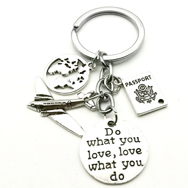 

new traveler do what you love keychain airplane, earth, passport, pendant keychain graduation commemorative jewelry, Silver