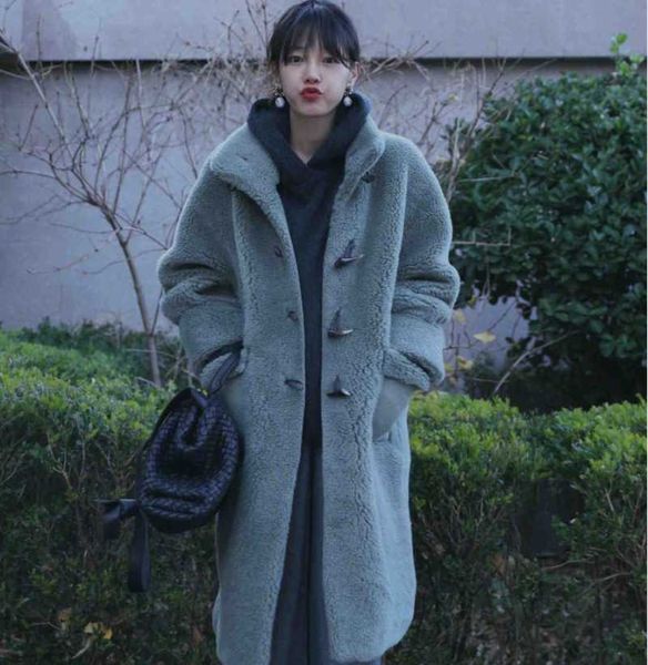 

women's fur & faux winter warm long fake coat 2029 fashion loose oversized lamb jacket teddy women overcoat, Black