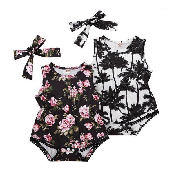 

rompers 2021 summer 2pcs born baby girls bodysuit black and white flowers coconut bow printed rompers+headband set 0-24m, Blue