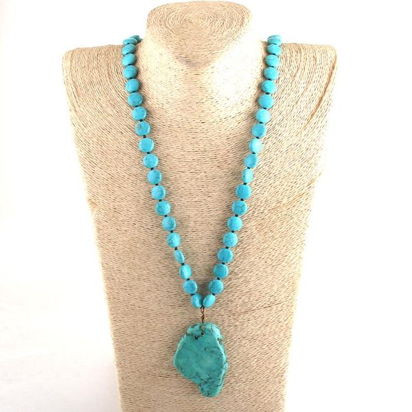 

pendant necklaces md fashion bohemian tribal jewelry blue stone long knotted turq for women necklace, Silver