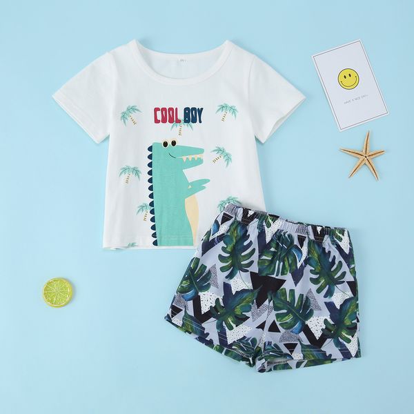 

yocut children clothes boys dinosaur printed t-shirt shorts two piece set summer casual style suit cotton toddler boy clothes, White;black