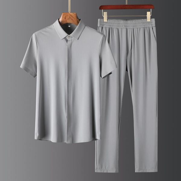 

men's tracksuits jsbd summer high end light luxury business shirt two piece anti-wrinkle silk skating thin short sleeve set, Gray