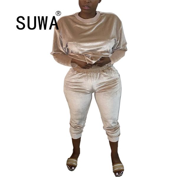 

velvet classic long sleeve sweatshirt tunic and joggers pants casual tracksuit women two piece lounge wear set 210525, White