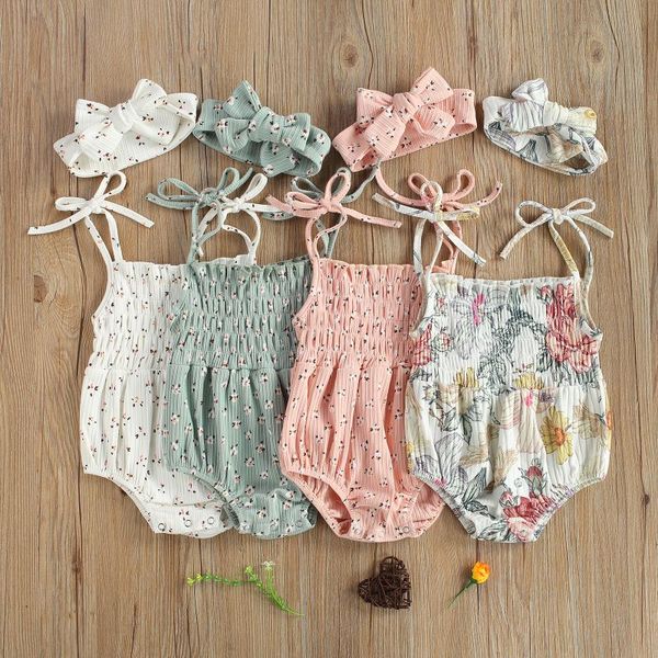 

rompers summer infant baby girls clothes outfits suits sleeveless floral printed traped romper bowknot headband cloithing, Blue