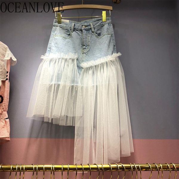 

skirts oceanlove women denim mesh patchwork fashion faldas spring high waist ruffles irregular summer long skirt 15157, Black
