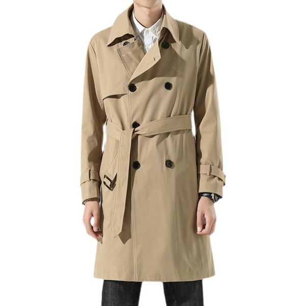 

men's trench coats 2021 autumn winter mens fleece windbreaker jacket men black khaki business male double breasted retro classic long c, Tan;black