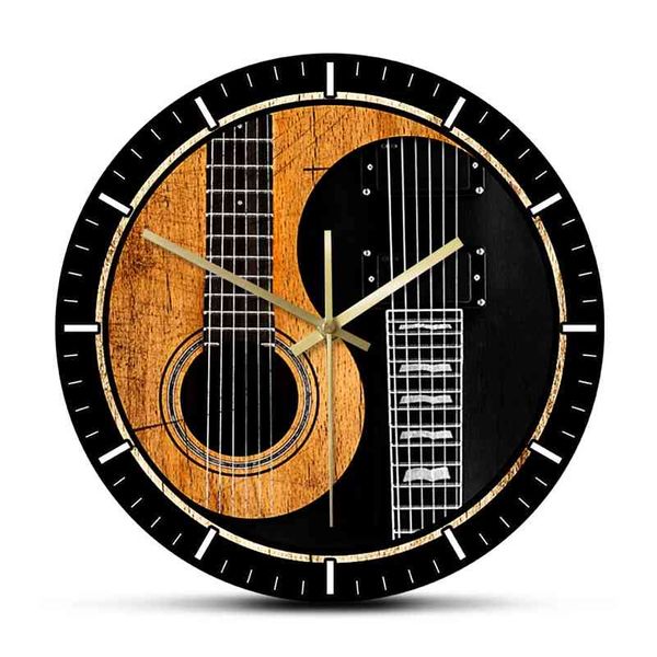 Yin Yang Guitar Bass Orologio da parete stampato Chitarra acustica Orologio da parete silenzioso senza ticchettio Music Studio Decor Musicista Chitarrista Regalo 210325