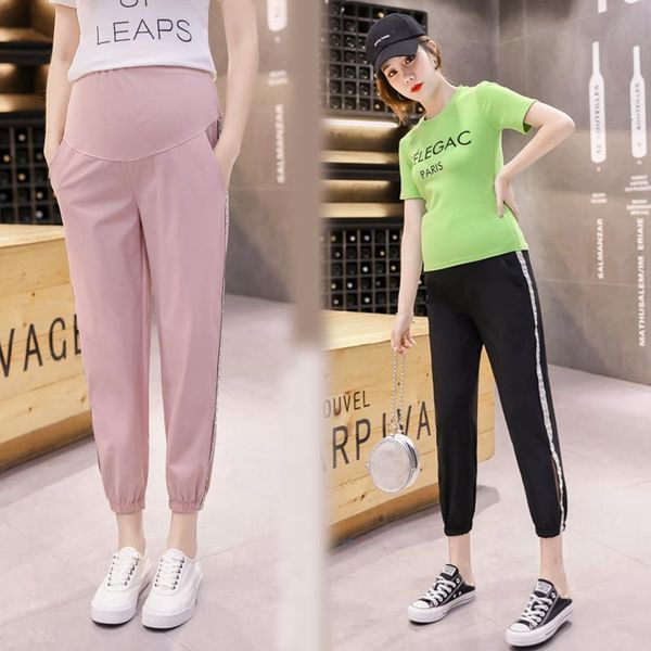 

maternity bottoms pants autumn chiffon cropped adjustable elastic waist belly support trousers, White