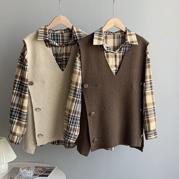 

spring two piece knitted vest side button + plaid shirts loose college style 2 pieces set cgqx, White