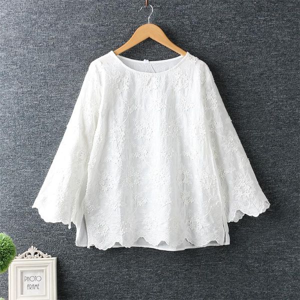 

women's blouses & shirts 2021 spring women blouse japan style literary fresh o-neck embroidery pullover cotton and linen loose, White