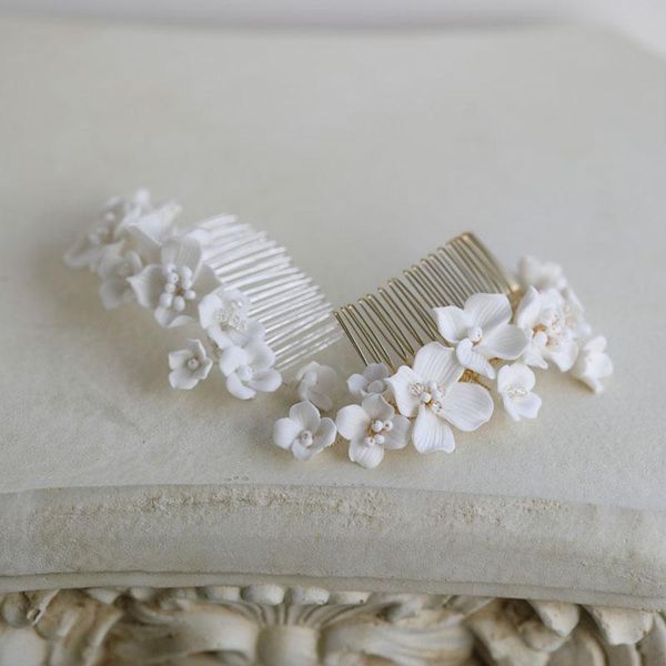 

hair clips & barrettes slbridal handmade ins style white porcelain flower leaf pearls bridal comb wedding headband accessories women jewelry, Golden;silver