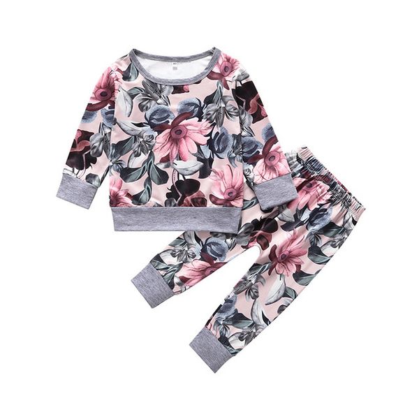 

girls flower print +pants outfits fall 2019 kids boutique clothing 1-3t little girls long sleeves t-shirts trousers 2 pc set, White