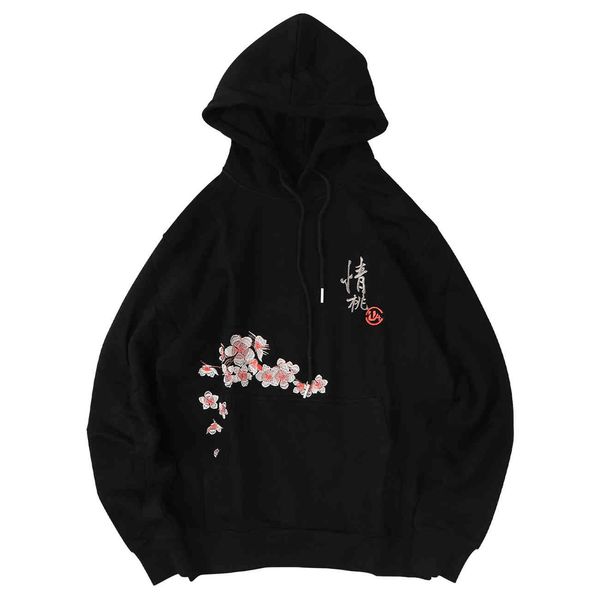 

men's sweaters hoodie of men embroidered kanji peach blossom lacible hip hop loose fall with hoodie pullovers cotton harajuku swatshirt, White;black