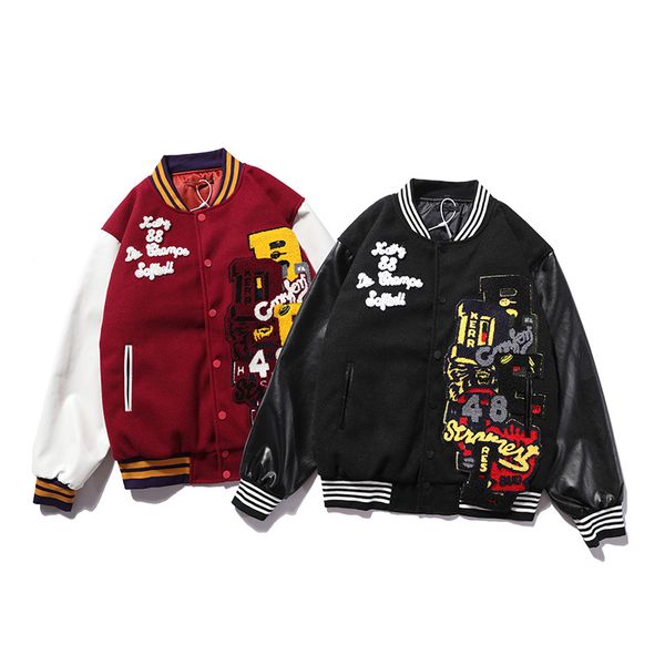 

famous designer men's jacket coat hoodie baseball uniform hip-hop culture woolen leather sleeve stitching embroidery stand-up collar au, Black;brown