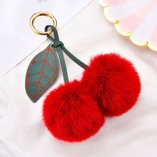

keychains fruit cherry keychain artificial fur ball keyring cute pompom leaf bag plush pendant car key chain ring jewelry gifts, Silver