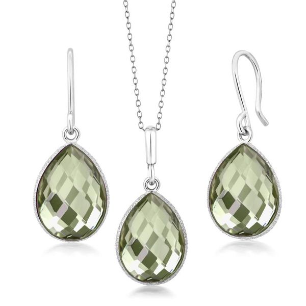 

bracelet, earrings & necklace 925 silver 19.50 ct prasiolite 16x12 pear shape pendant set 18" chain, Black