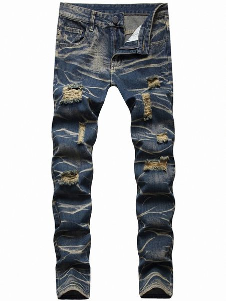 

men bleach wash ripped frayed jeans r12l#, Blue