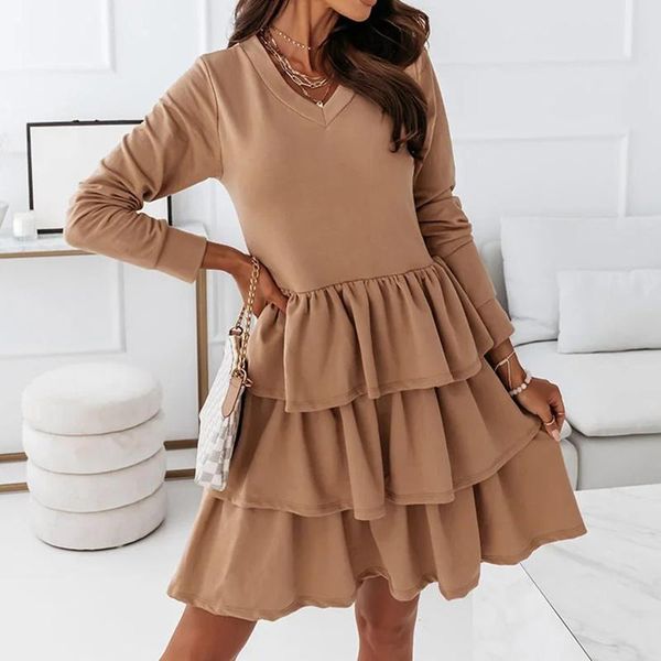 

casual dresses autumn dress woman cascading ruffle for women 2021 solid a-line long sleeve ladies v neck drop, Black;gray
